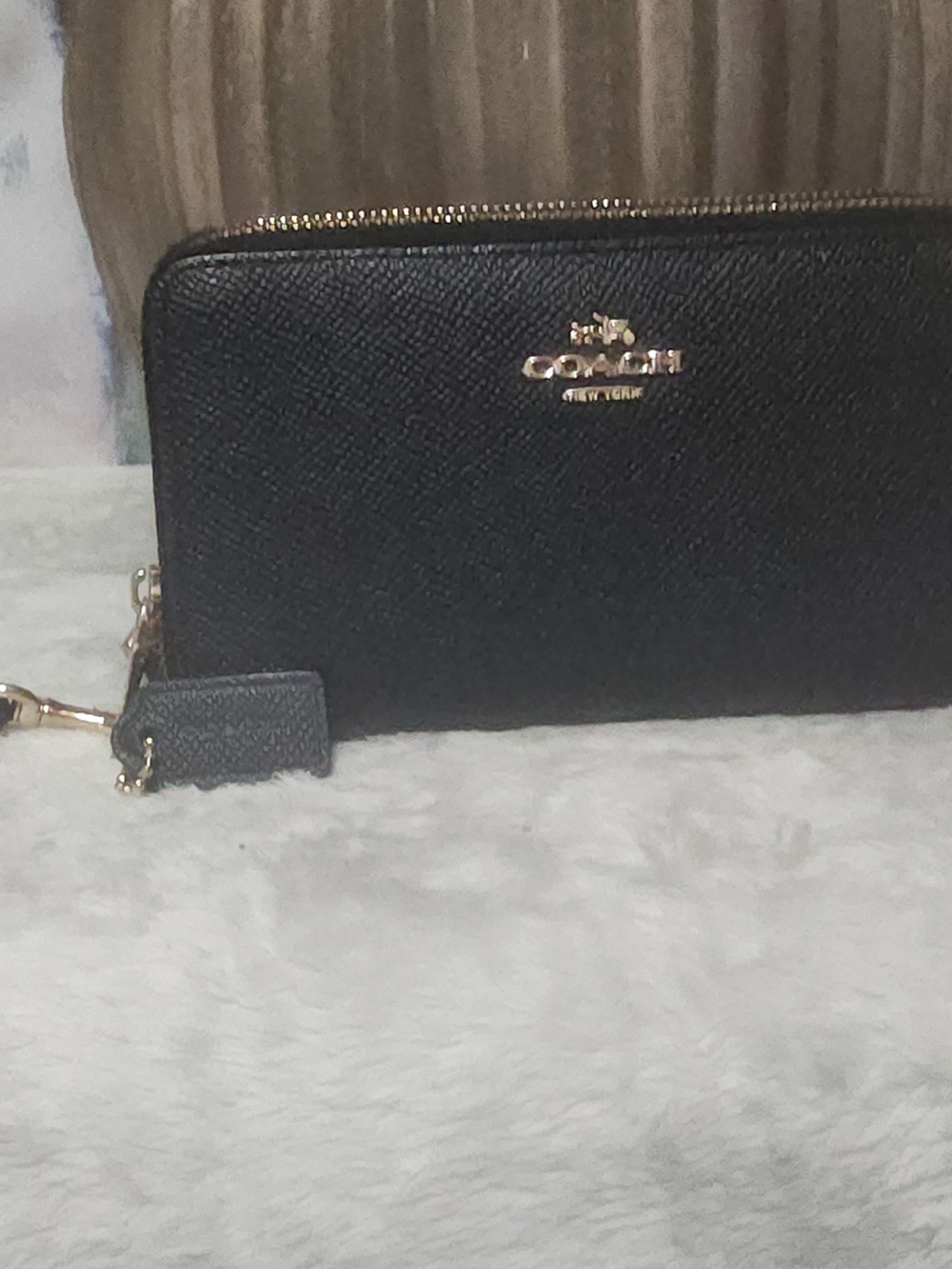 Authentic COACH Black Crossgrain Leather Double Zip Wristlet Wallet (Style 1583)